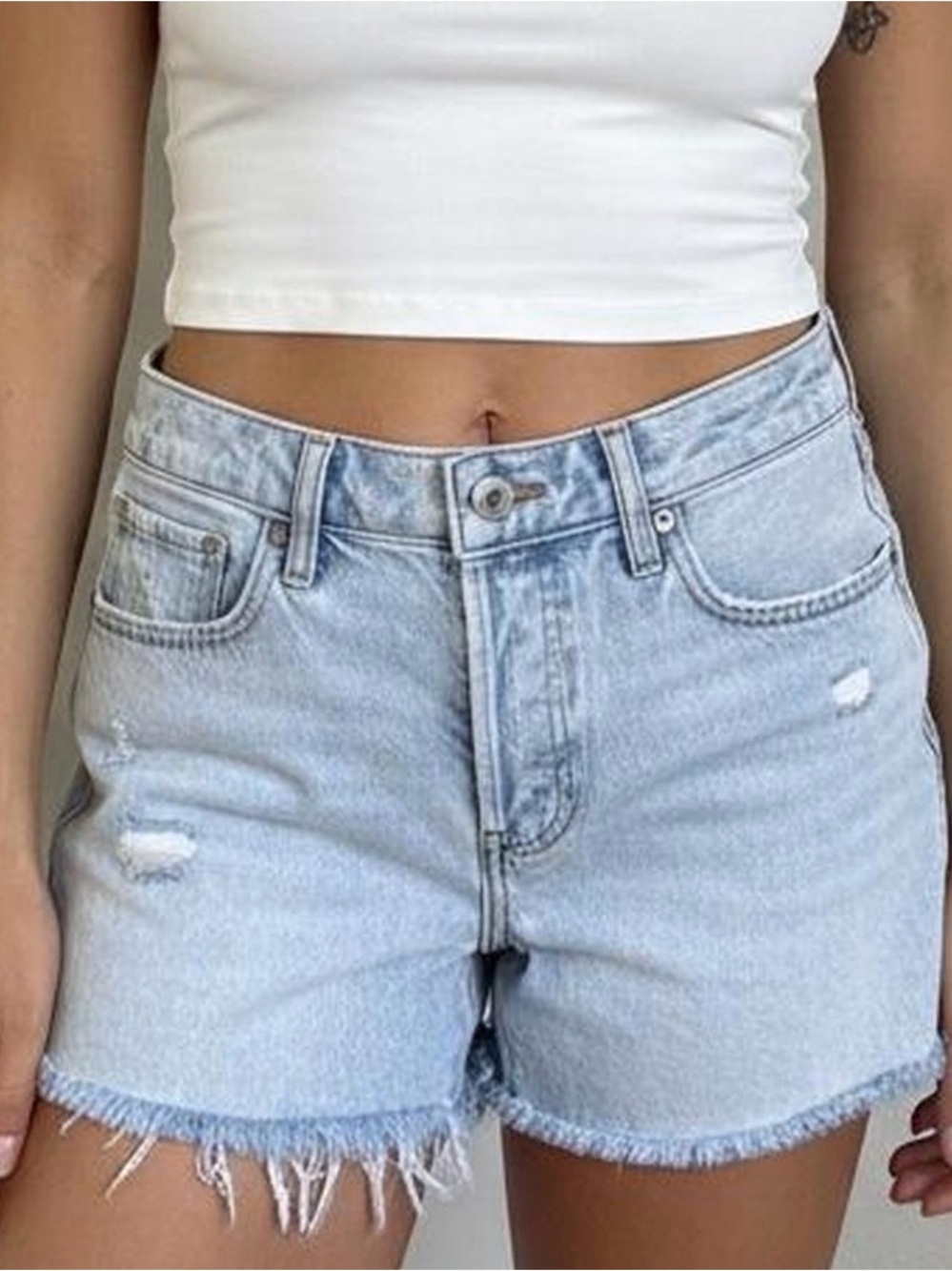 Express Light Wash Mid Rise Distressed Button Fly Denim Shorts 0